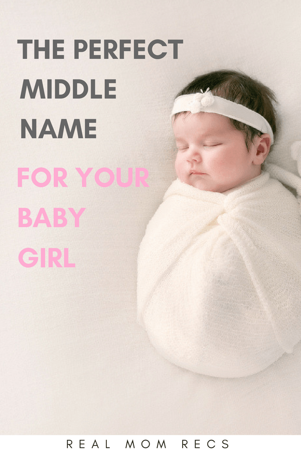 Middle Names For Girls text with a sleeping baby girl in white and pink