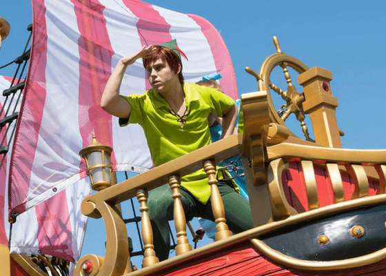 Peter Pan on a float in a Disney world parade