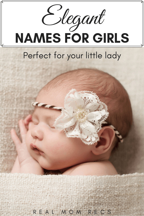 Elegant Girl Names pin image with text and image of baby sleeping