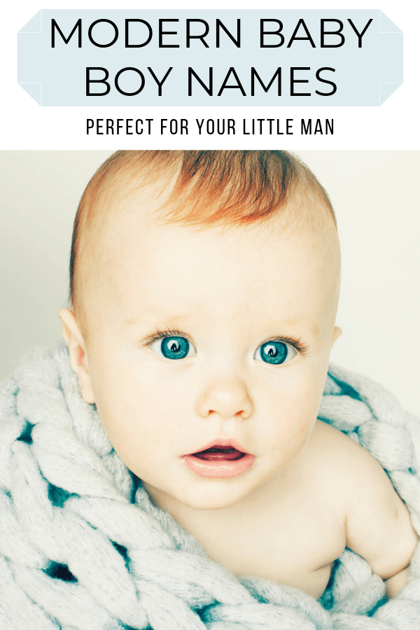 Modern baby boy names pin image with blue eyed baby boy in a knit blanket